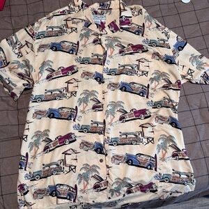 Vintage BechSport Rayon Hawaiian Shirt XL Beach Cars Palm Trees Retro